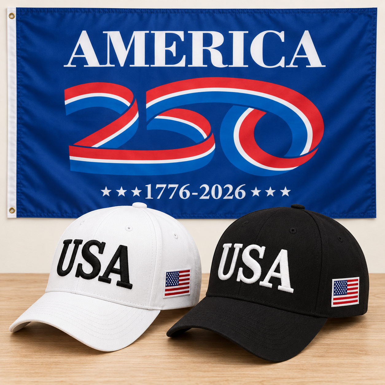 USA 250th Anniversary Cap gift set: White & Black hats with 3x5 America 250 Flag (Blue)