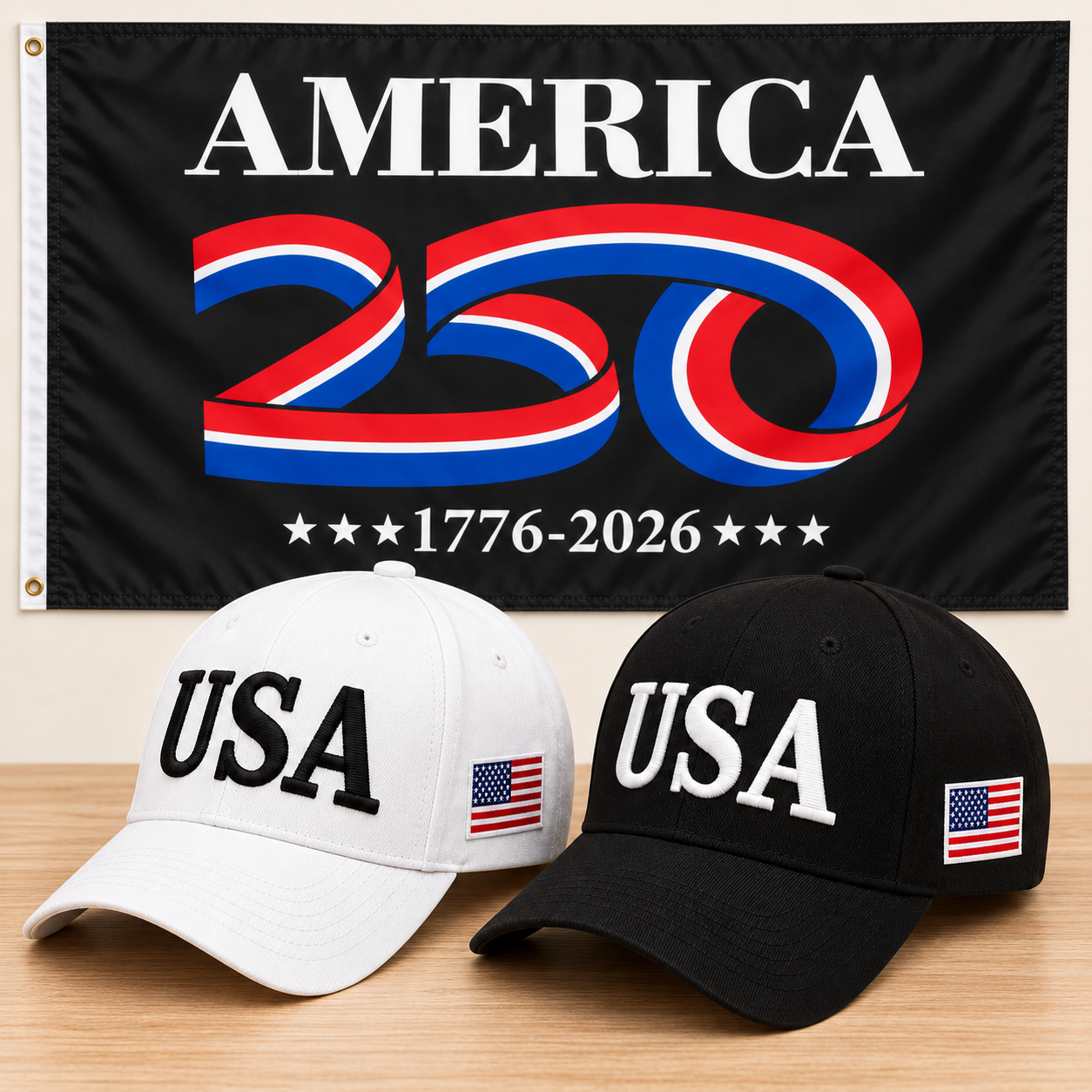 USA 250th Anniversary Cap gift set: White & Black hats with 3x5 America 250 Flag (Black)