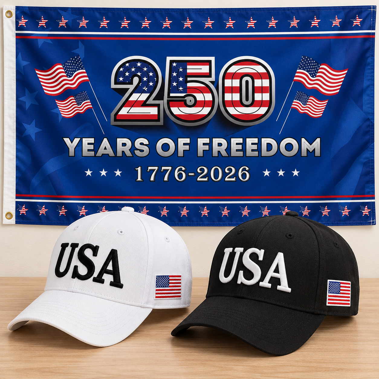 USA 250th Anniversary Cap gift set: White & Black hats with 3x5 250 Years of Freedom Flag (Blue)