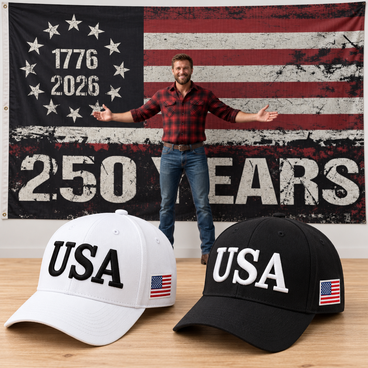 USA 250th Anniversary Cap gift set: White & Black hats with HUGE 6x10 250 Years Distressed Flag
