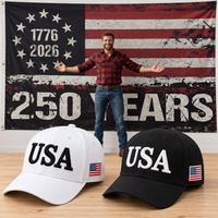 USA 250th Anniversary Cap gift set: White & Black hats with HUGE 6x10 250 Years Distressed Flag