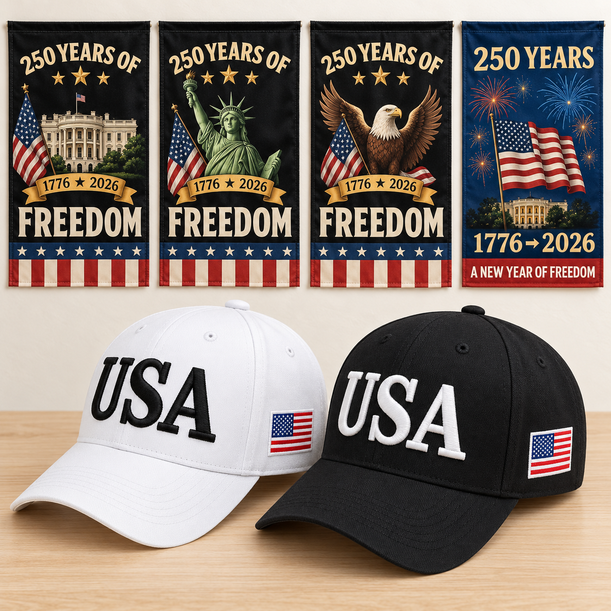 USA 250th Anniversary Cap gift set: White & Black hats with 4 Garden Flags (250 Years of Freedom Set)