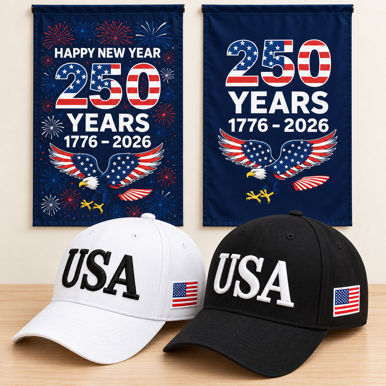 USA 250th Anniversary Cap gift set: White & Black hats with 2 Garden Flags (250 Years Set)