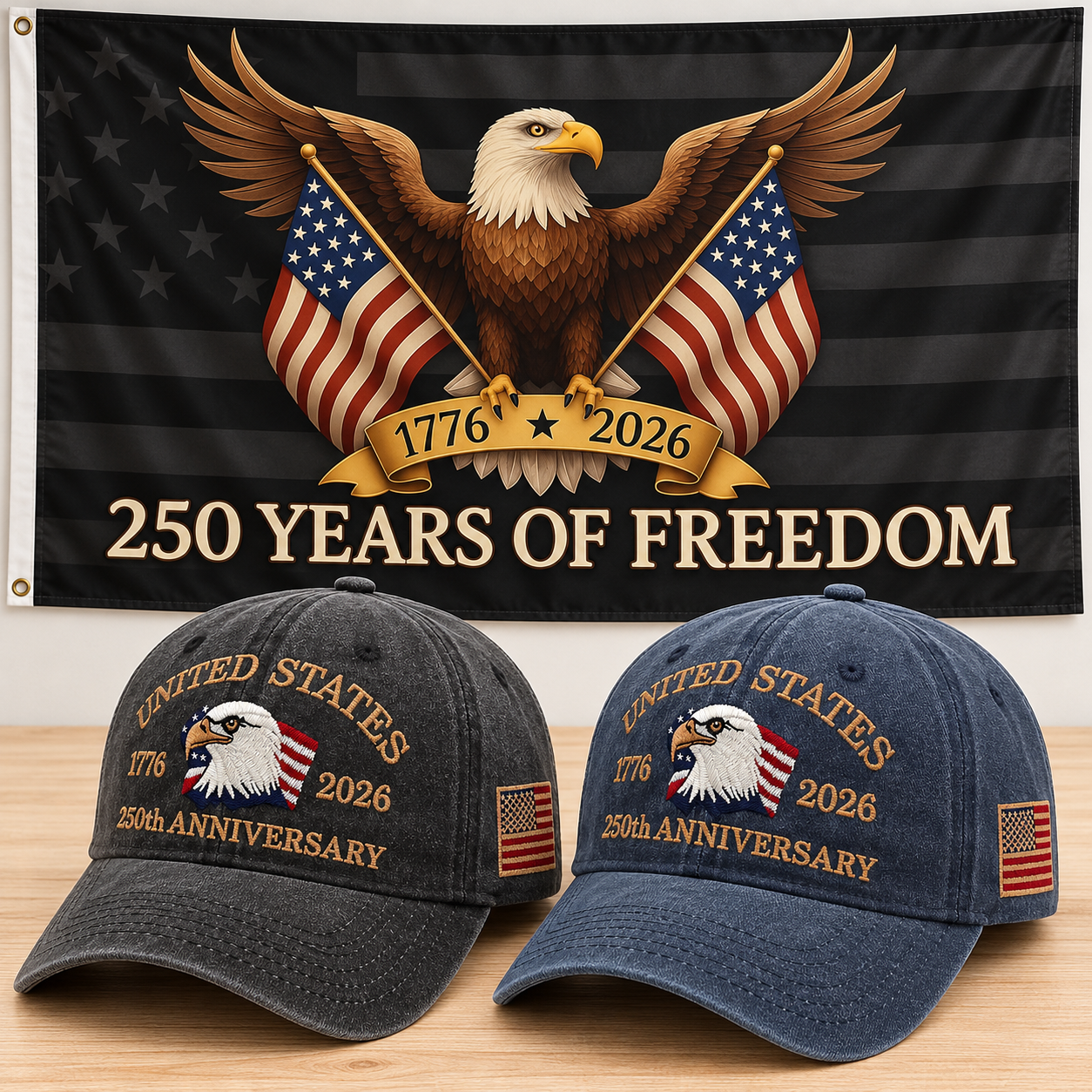 250th Anniversary Eagle Cap gift set: Charcoal & Navy hats with 3x5 Black Eagle 250 Years of Freedom Flag