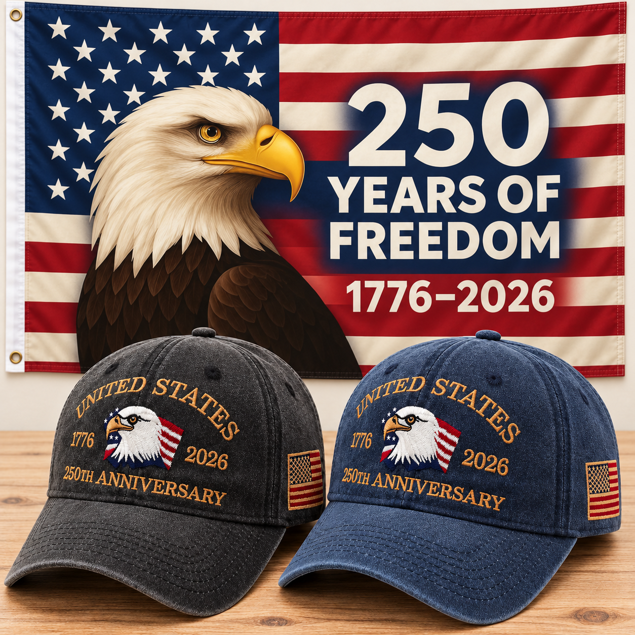 250th Anniversary Eagle Cap gift set: Charcoal & Navy hats with 3x5 Eagle 250 Years of Freedom Flag