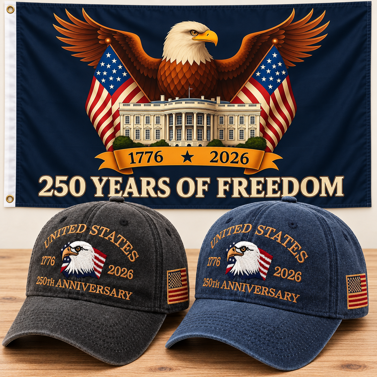 250th Anniversary Eagle Cap gift set: Charcoal & Navy hats with 3x5 Eagle & White House Flag