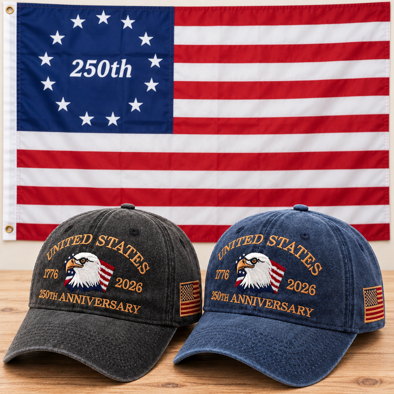 250th Anniversary Eagle Cap gift set: Charcoal & Navy hats with 3x5 Betsy Ross 250th Flag