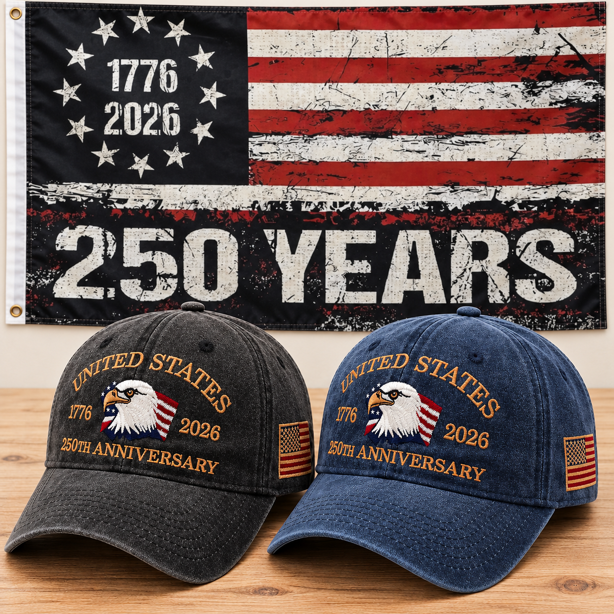 250th Anniversary Eagle Cap gift set: Charcoal & Navy hats with 3x5 250 Years Distressed Flag
