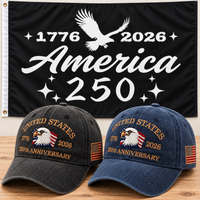 250th Anniversary Eagle Cap gift set: Charcoal & Navy hats with 3x5 America 250 Script Flag
