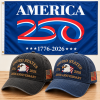 250th Anniversary Eagle Cap gift set: Charcoal & Navy hats with 3x5 America 250 Flag (Blue)