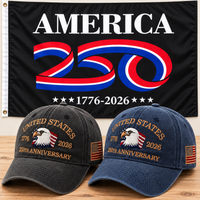 250th Anniversary Eagle Cap gift set: Charcoal & Navy hats with 3x5 America 250 Flag (Black)