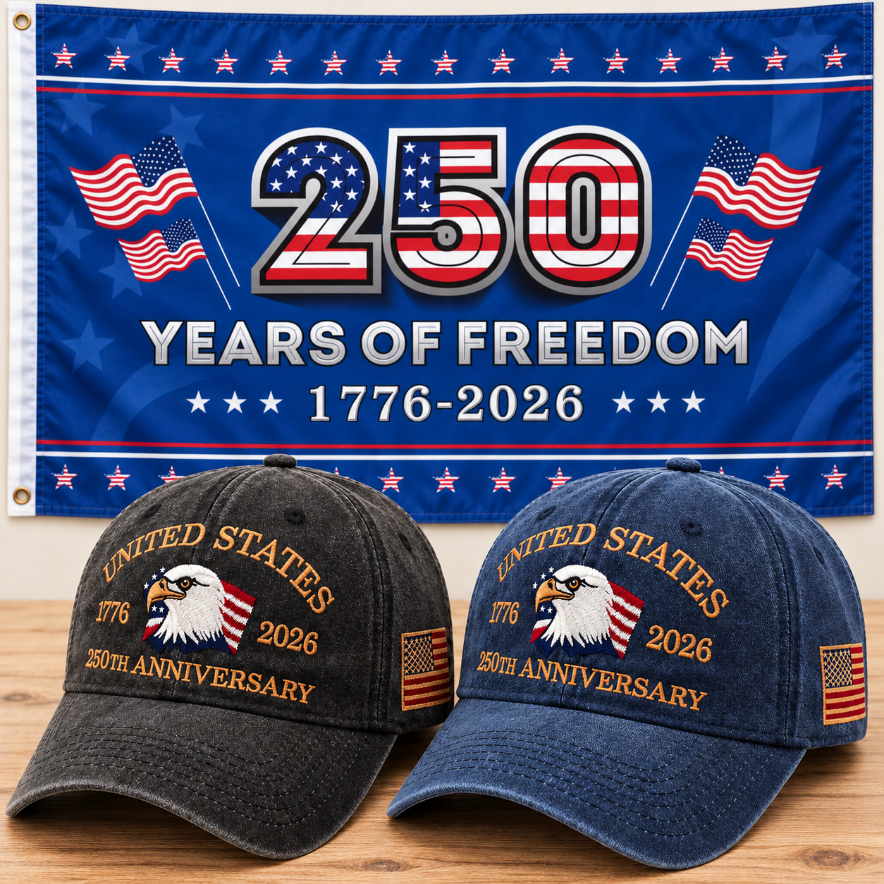 250th Anniversary Eagle Cap gift set: Charcoal & Navy hats with 3x5 250 Years of Freedom Flag (Blue)
