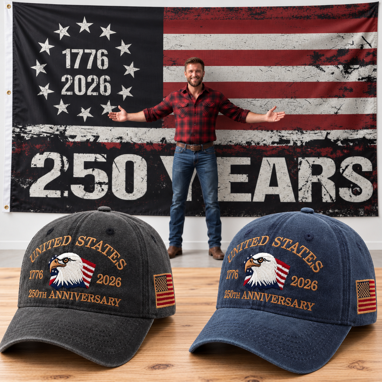 250th Anniversary Eagle Cap gift set: Charcoal & Navy hats with HUGE 6x10 250 Years Distressed Flag