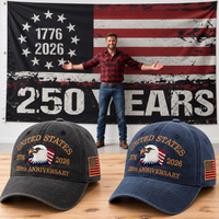 250th Anniversary Eagle Cap gift set: Charcoal & Navy hats with HUGE 6x10 250 Years Distressed Flag