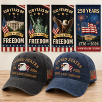 250th Anniversary Eagle Cap gift set: Charcoal & Navy hats with 4 Garden Flags (250 Years of Freedom Set)