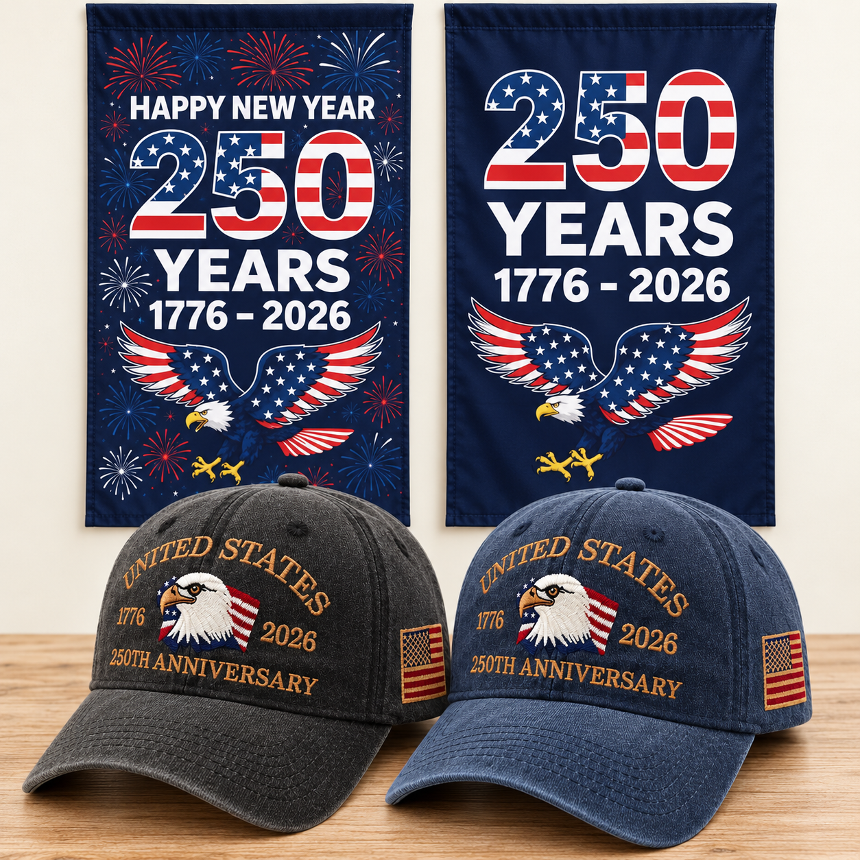 250th Anniversary Eagle Cap gift set: Charcoal & Navy hats with 2 Garden Flags (250 Years Set)