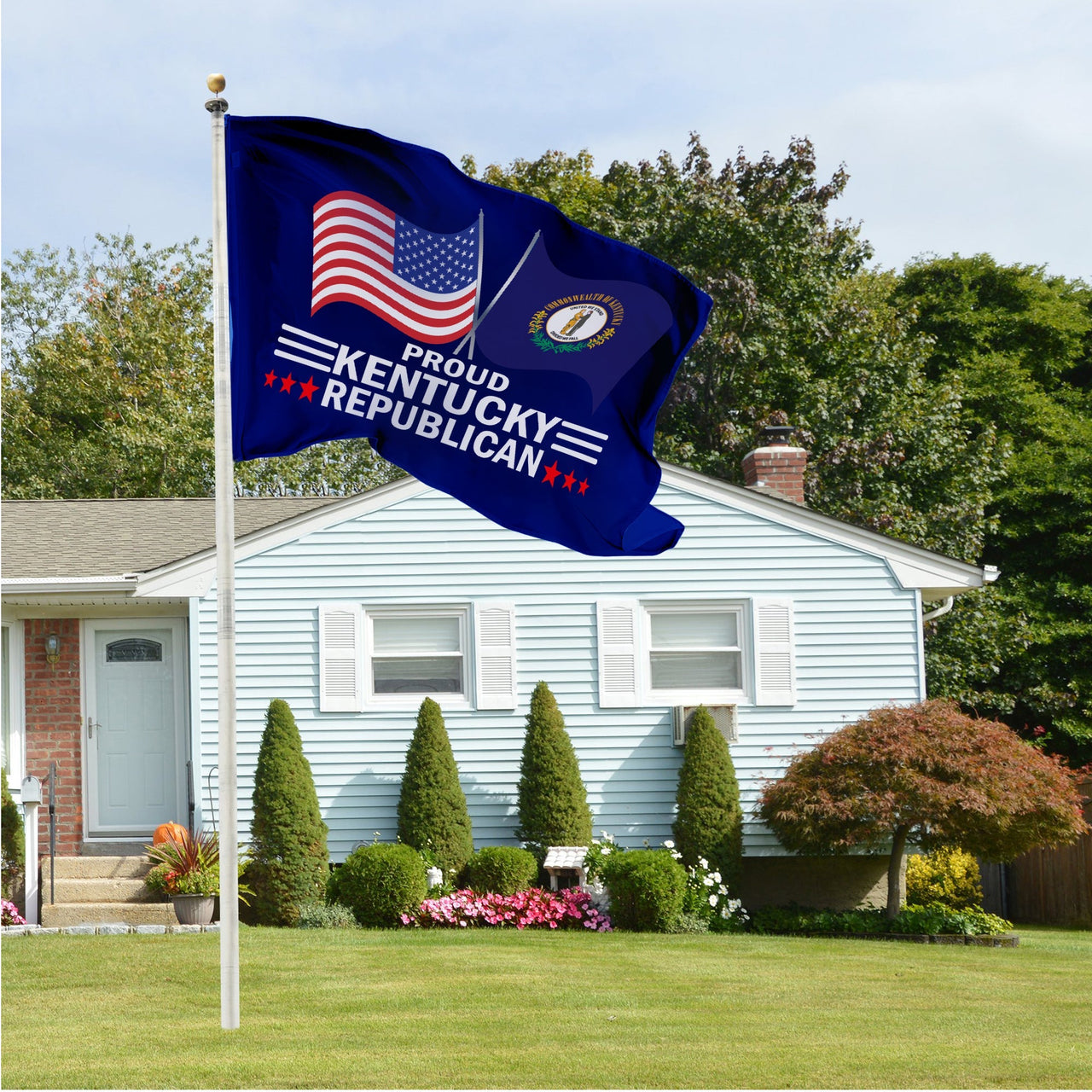 Proud Kentucky Republican flag flying in front of a house