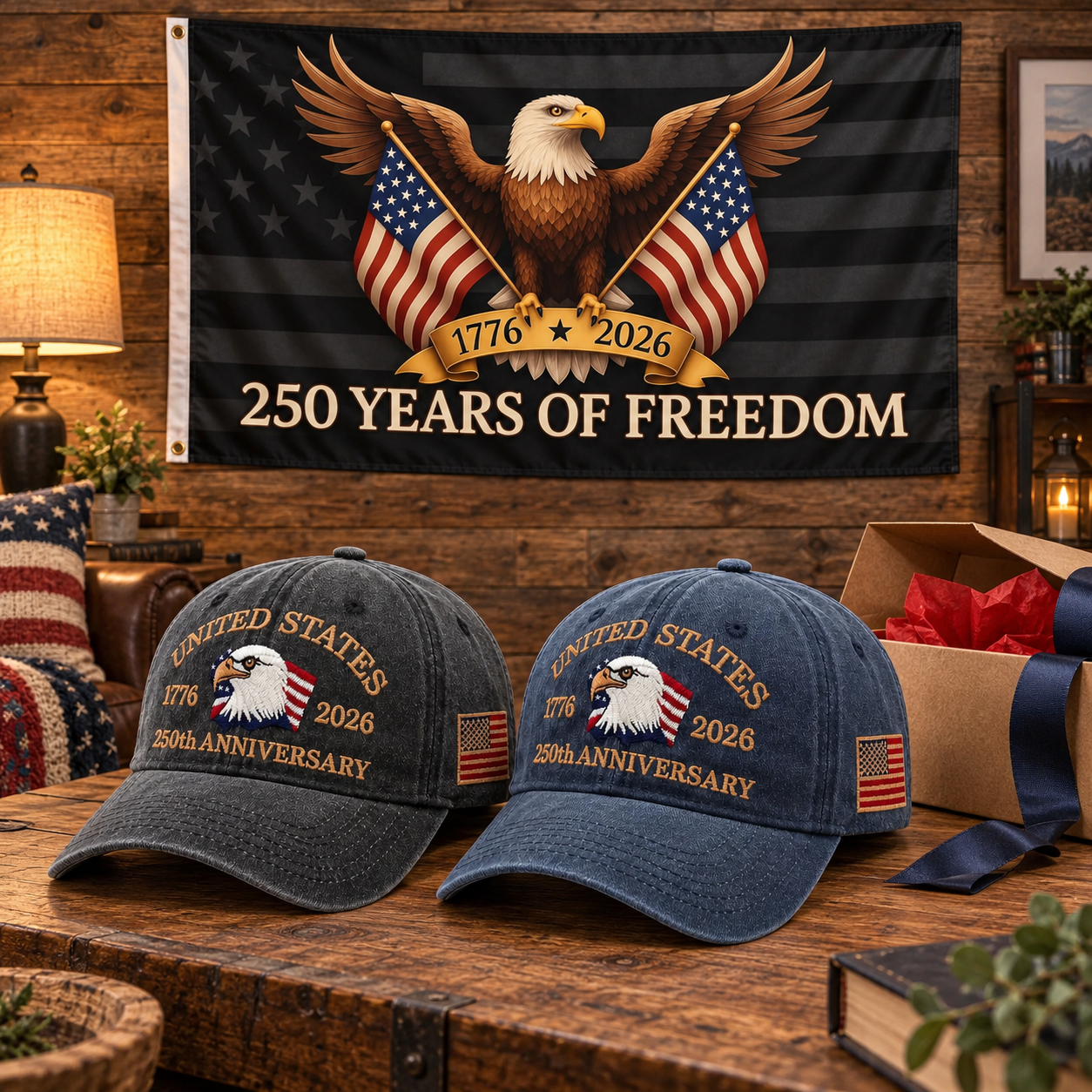 250th Anniversary Eagle Cap gift set lifestyle: Charcoal & Navy hats with 3x5 Black Eagle 250 Years of Freedom Flag