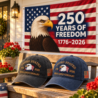 250th Anniversary Eagle Cap gift set lifestyle: Charcoal & Navy hats with 3x5 Eagle 250 Years of Freedom Flag
