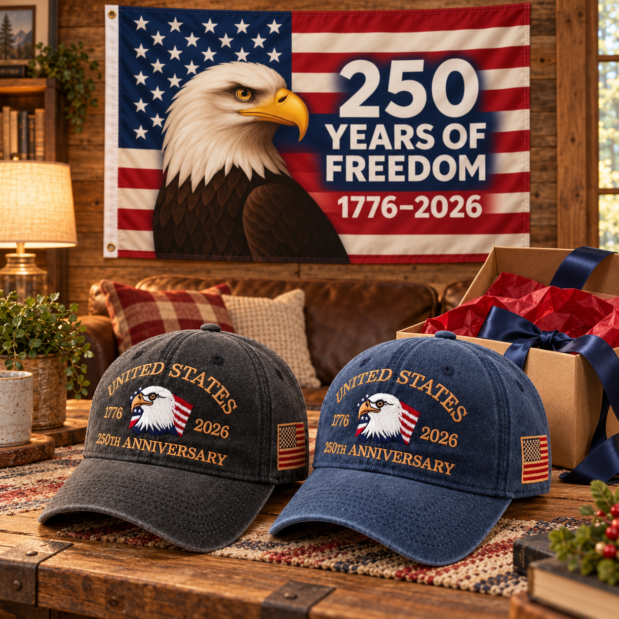 250th Anniversary Eagle Cap gift set lifestyle: Charcoal & Navy hats with 3x5 Eagle 250 Years of Freedom Flag