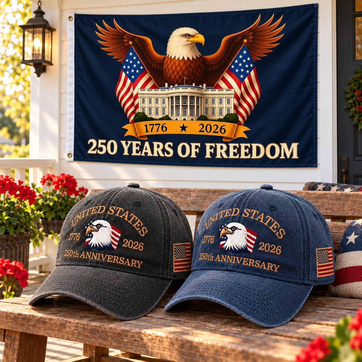 250th Anniversary Eagle Cap gift set lifestyle: Charcoal & Navy hats with 3x5 Eagle & White House Flag