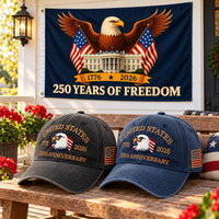 250th Anniversary Eagle Cap gift set lifestyle: Charcoal & Navy hats with 3x5 Eagle & White House Flag