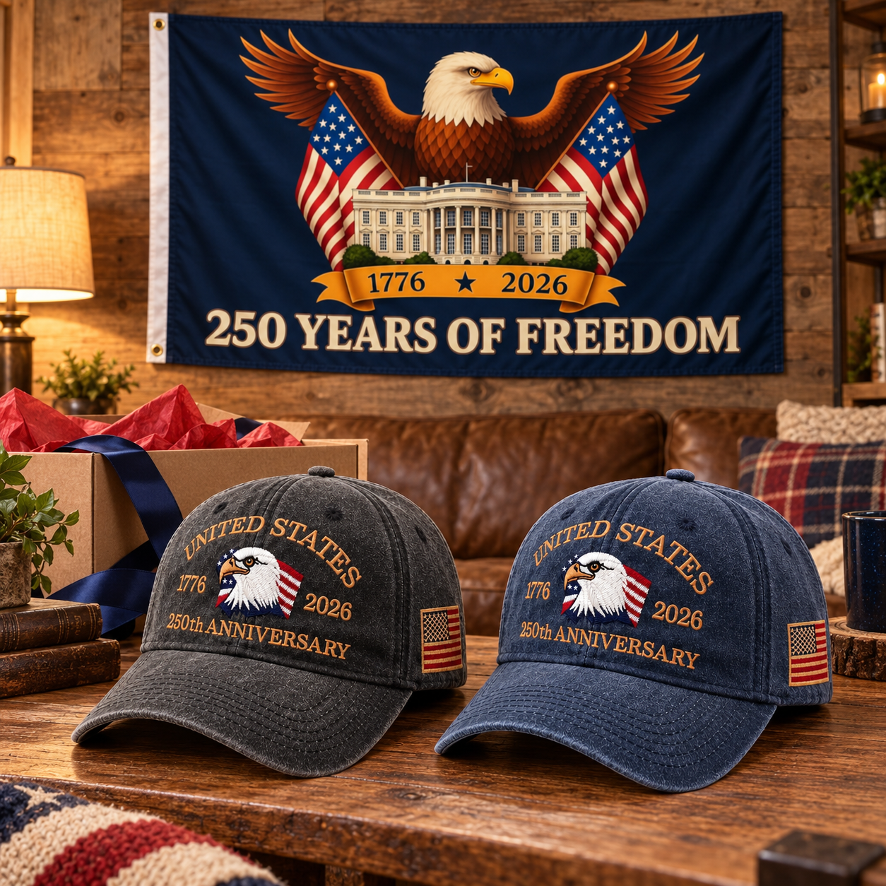 250th Anniversary Eagle Cap gift set lifestyle: Charcoal & Navy hats with 3x5 Eagle & White House Flag