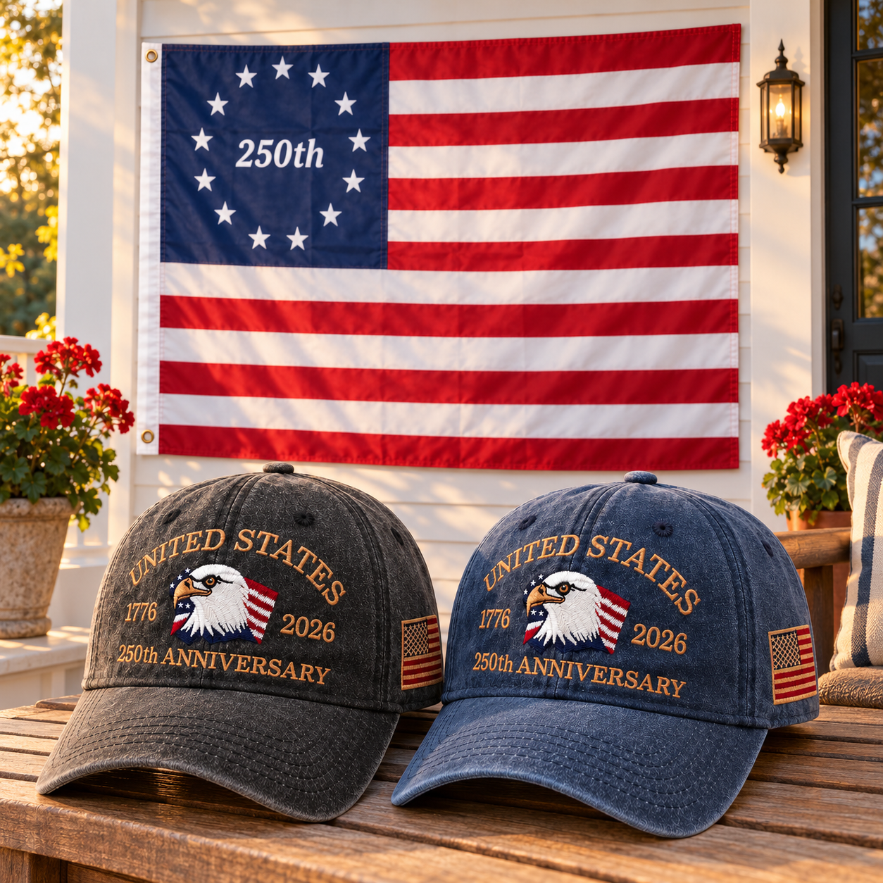 250th Anniversary Eagle Cap gift set lifestyle: Charcoal & Navy hats with 3x5 Betsy Ross 250th Flag