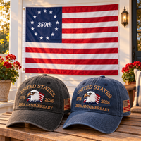 250th Anniversary Eagle Cap gift set lifestyle: Charcoal & Navy hats with 3x5 Betsy Ross 250th Flag