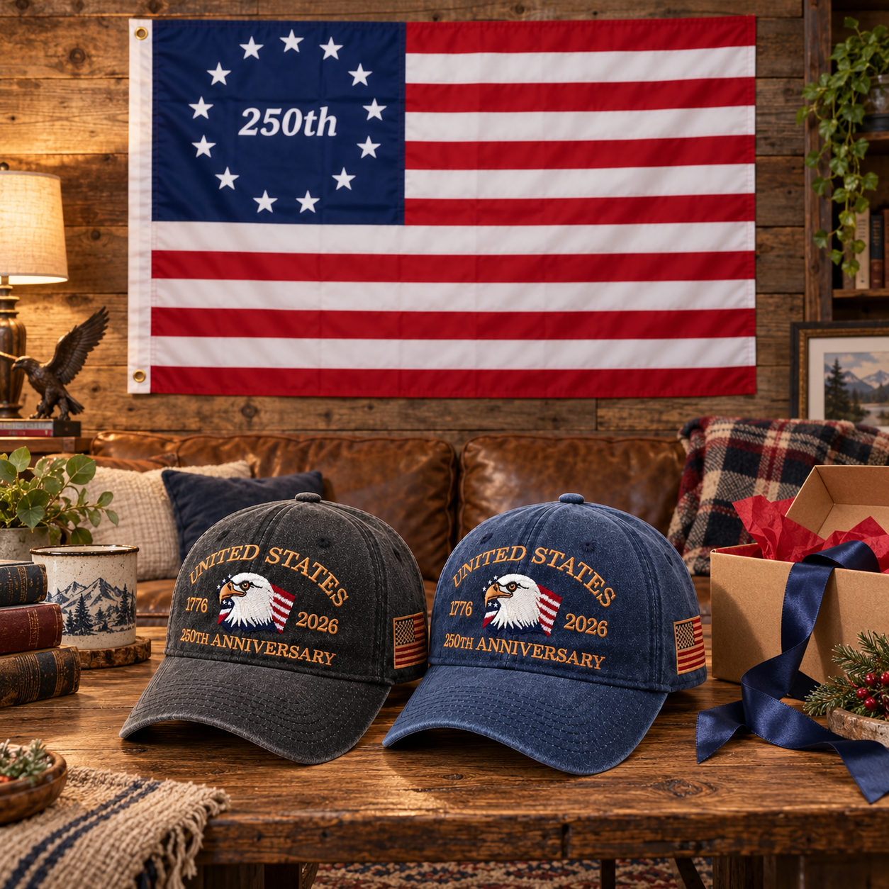 250th Anniversary Eagle Cap gift set lifestyle: Charcoal & Navy hats with 3x5 Betsy Ross 250th Flag