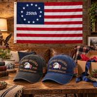 250th Anniversary Eagle Cap gift set lifestyle: Charcoal & Navy hats with 3x5 Betsy Ross 250th Flag