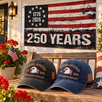 250th Anniversary Eagle Cap gift set lifestyle: Charcoal & Navy hats with 3x5 250 Years Distressed Flag