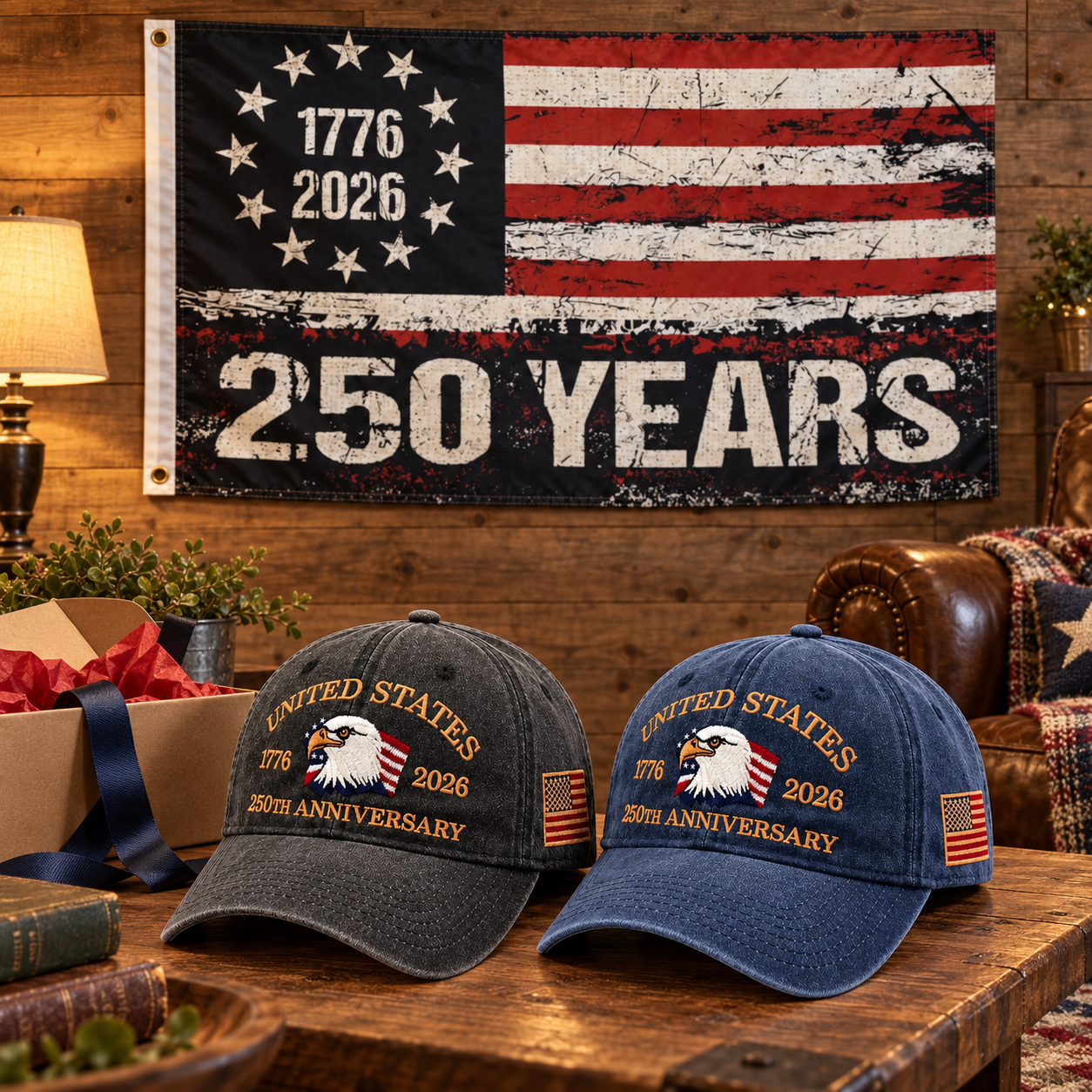 250th Anniversary Eagle Cap gift set lifestyle: Charcoal & Navy hats with 3x5 250 Years Distressed Flag