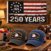 250th Anniversary Eagle Cap gift set lifestyle: Charcoal & Navy hats with 3x5 250 Years Distressed Flag