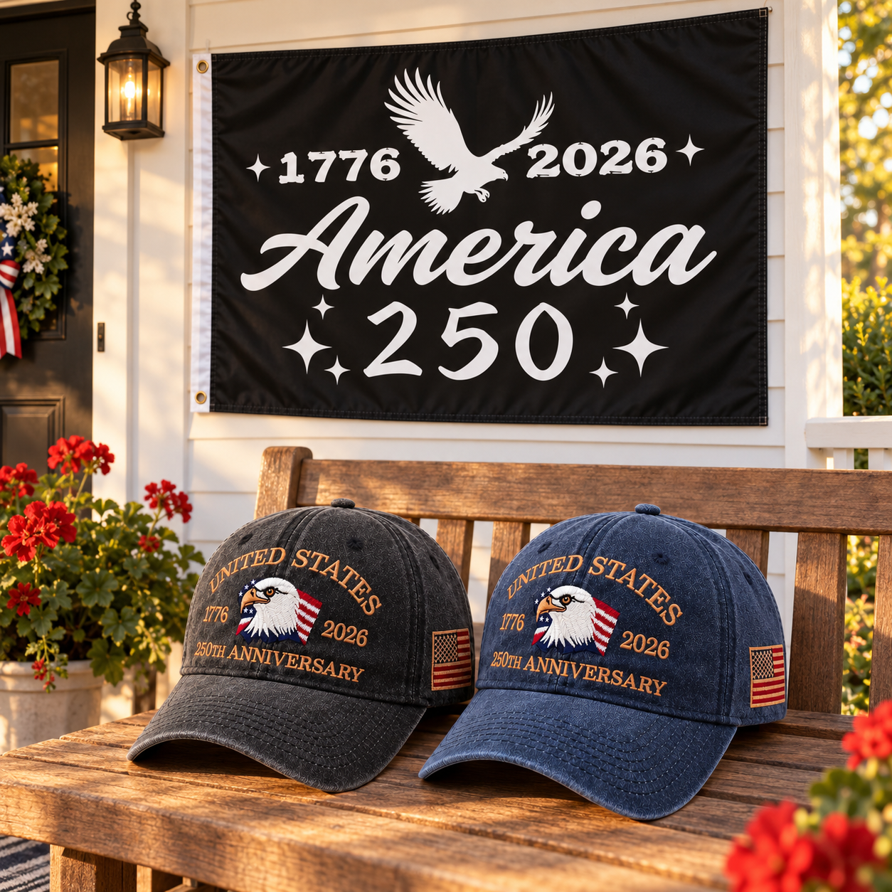 250th Anniversary Eagle Cap gift set lifestyle: Charcoal & Navy hats with 3x5 America 250 Script Flag