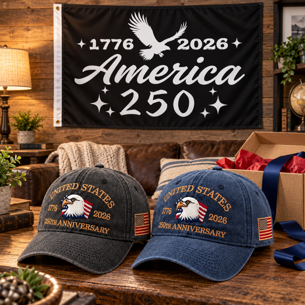 250th Anniversary Eagle Cap gift set lifestyle: Charcoal & Navy hats with 3x5 America 250 Script Flag