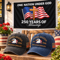 250th Anniversary Eagle Cap gift set lifestyle: Charcoal & Navy hats with 3x5 One Nation Under God Flag