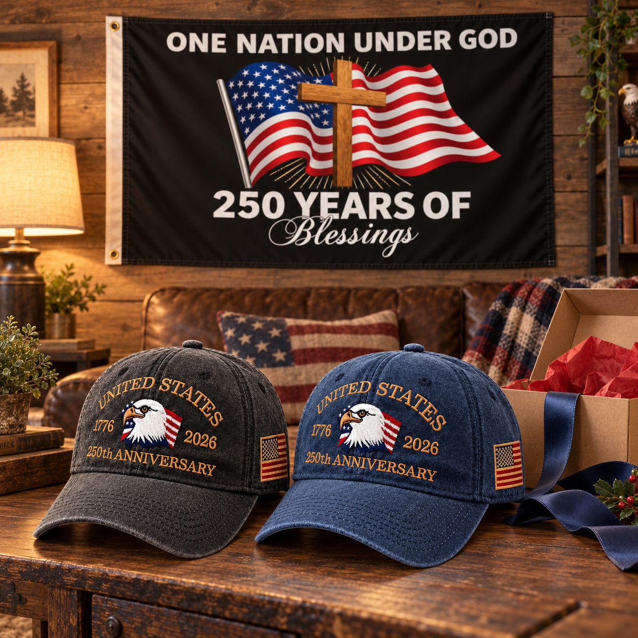 250th Anniversary Eagle Cap gift set lifestyle: Charcoal & Navy hats with 3x5 One Nation Under God Flag