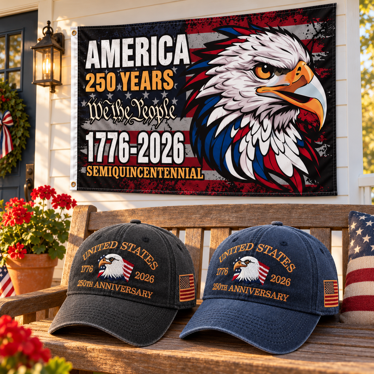 250th Anniversary Eagle Cap gift set lifestyle: Charcoal & Navy hats with 3x5 Semiquincentennial Eagle Flag