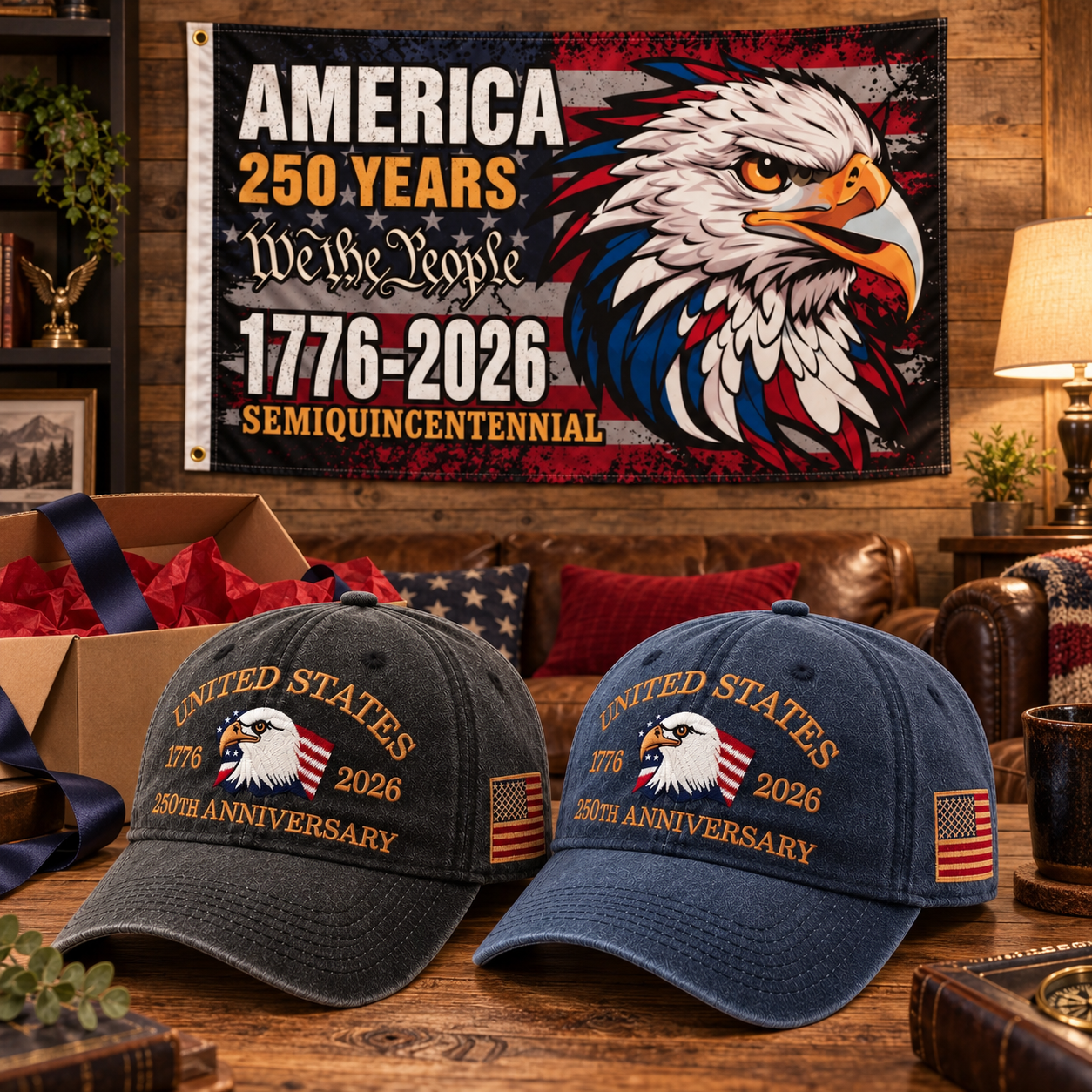 250th Anniversary Eagle Cap gift set lifestyle: Charcoal & Navy hats with 3x5 Semiquincentennial Eagle Flag