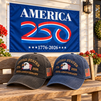 250th Anniversary Eagle Cap gift set lifestyle: Charcoal & Navy hats with 3x5 America 250 Flag (Blue)