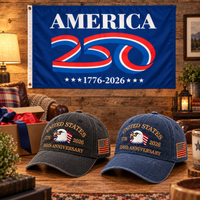 250th Anniversary Eagle Cap gift set lifestyle: Charcoal & Navy hats with 3x5 America 250 Flag (Blue)