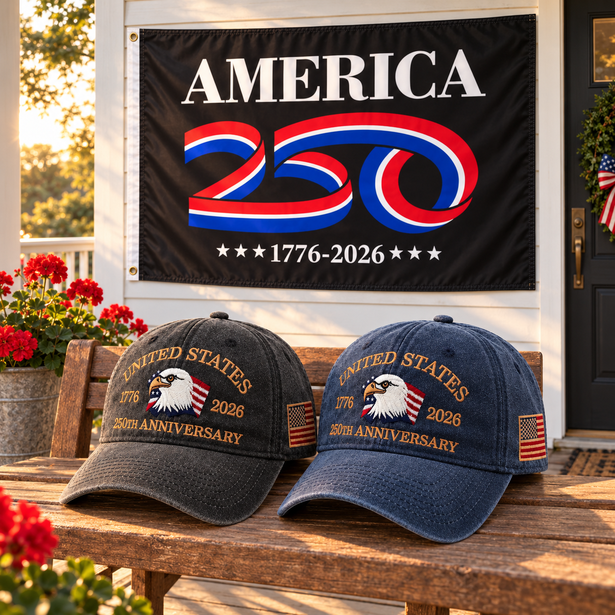 250th Anniversary Eagle Cap gift set lifestyle: Charcoal & Navy hats with 3x5 America 250 Flag (Black)