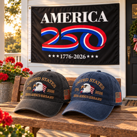 250th Anniversary Eagle Cap gift set lifestyle: Charcoal & Navy hats with 3x5 America 250 Flag (Black)