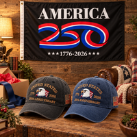 250th Anniversary Eagle Cap gift set lifestyle: Charcoal & Navy hats with 3x5 America 250 Flag (Black)