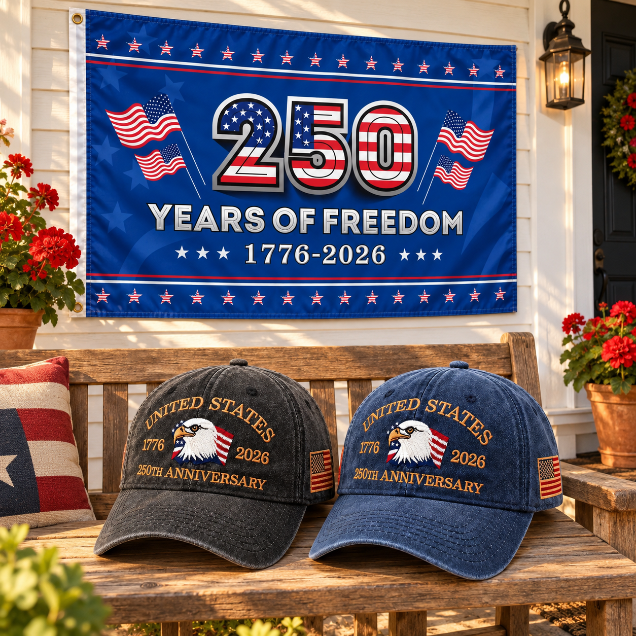 250th Anniversary Eagle Cap gift set lifestyle: Charcoal & Navy hats with 3x5 250 Years of Freedom Flag (Blue)