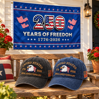 250th Anniversary Eagle Cap gift set lifestyle: Charcoal & Navy hats with 3x5 250 Years of Freedom Flag (Blue)