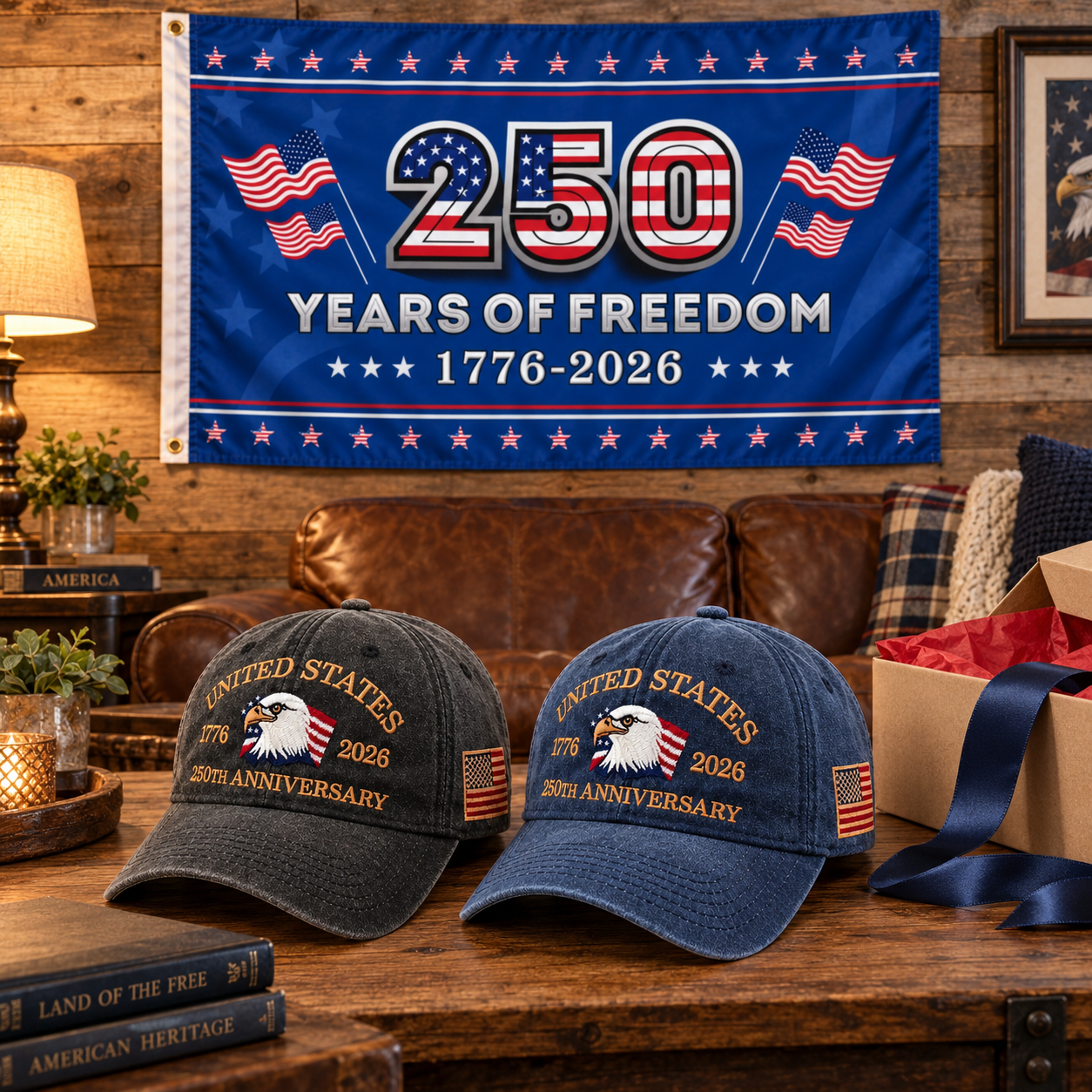 250th Anniversary Eagle Cap gift set lifestyle: Charcoal & Navy hats with 3x5 250 Years of Freedom Flag (Blue)