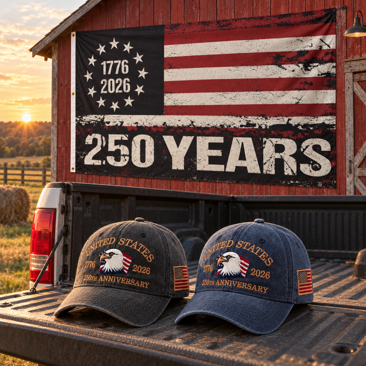 250th Anniversary Eagle Cap gift set lifestyle: Charcoal & Navy hats with HUGE 6x10 250 Years Distressed Flag