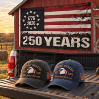 250th Anniversary Eagle Cap gift set lifestyle: Charcoal & Navy hats with HUGE 6x10 250 Years Distressed Flag